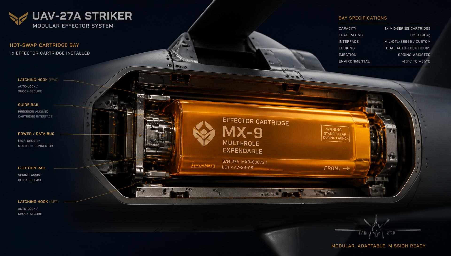 Helix Swarm modular effector cartridge bay — single loaded mission cartridge in hot-swap bay